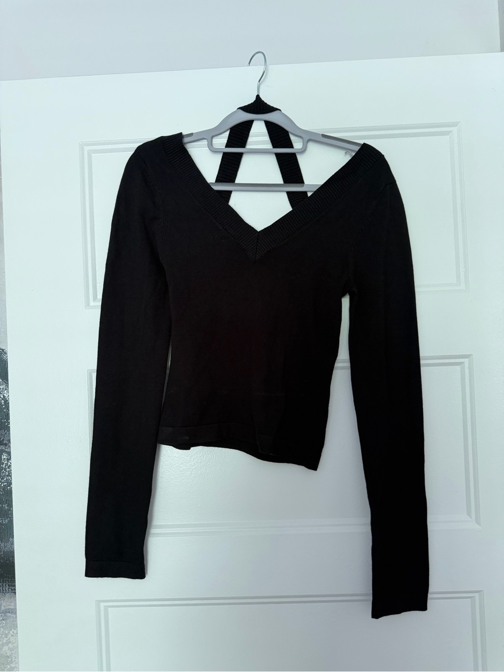 NBD Black V-Neck Long Sleeve Ribbed Top